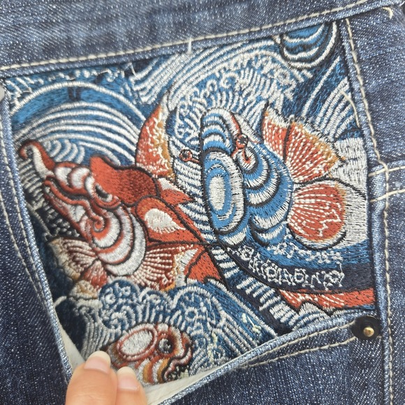 Mens Dark Wash Denim Jeans Embroidered Koi Fish Wave Baggy Y2K Streetwear 38x34 - Picture 4 of 7
